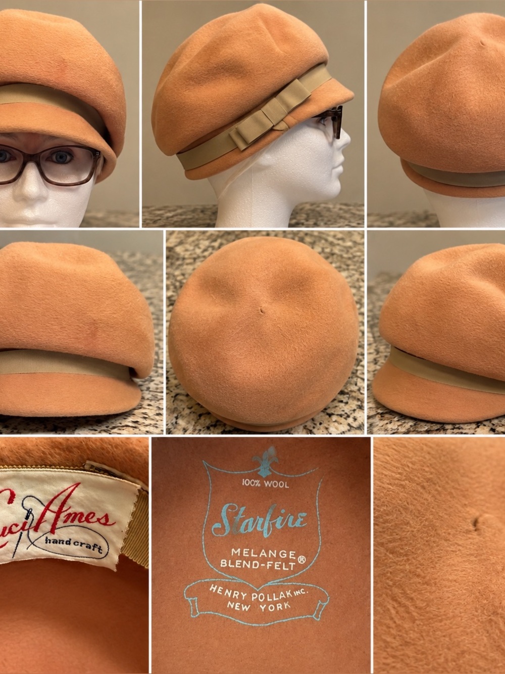 Peach Wool Felt Cloche Hat with Ribbon Trim